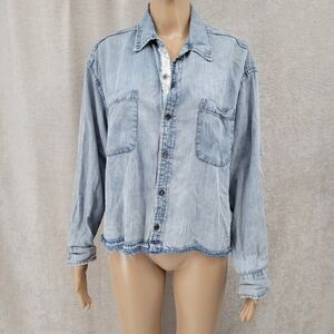 Vintage Havana Light Blue Denim Button Down Shirt Distressed Holes